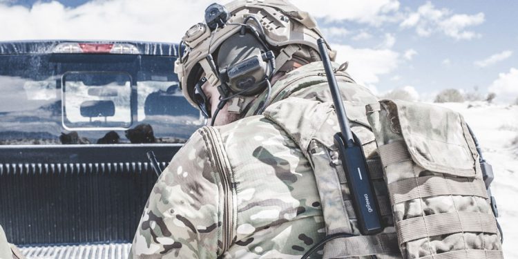 Notional photo of a U.S. military soldier using goTenna Pro mesh networking radio device in the field for off-grid communications